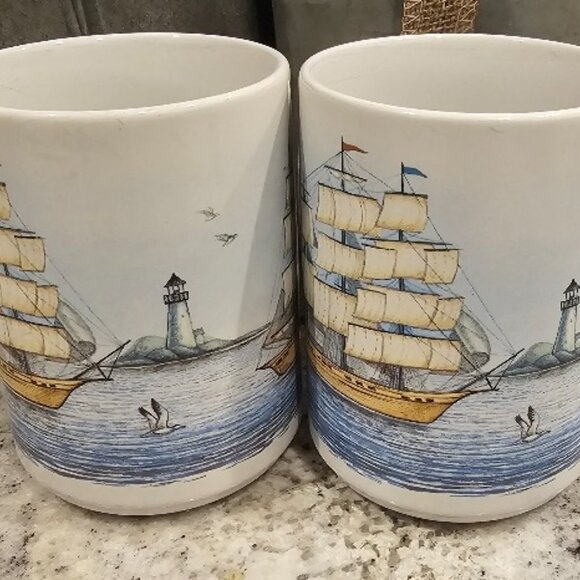 2 Stoneware Potpourri TALL SHIPS Cups Mugs - USED - Picture 2 of 6